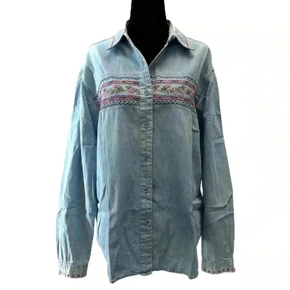 Northern Reflections Chambray Denim Button Front Embroidered Western Shirt MED - Picture 4 of 17